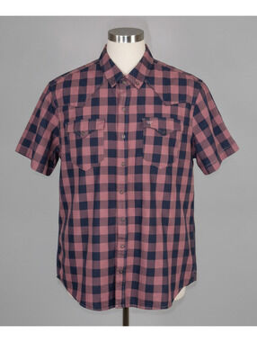 Men's Sz L King Ranch Short Sleeve Plaid Western Snap Shirt Mauve and Navy